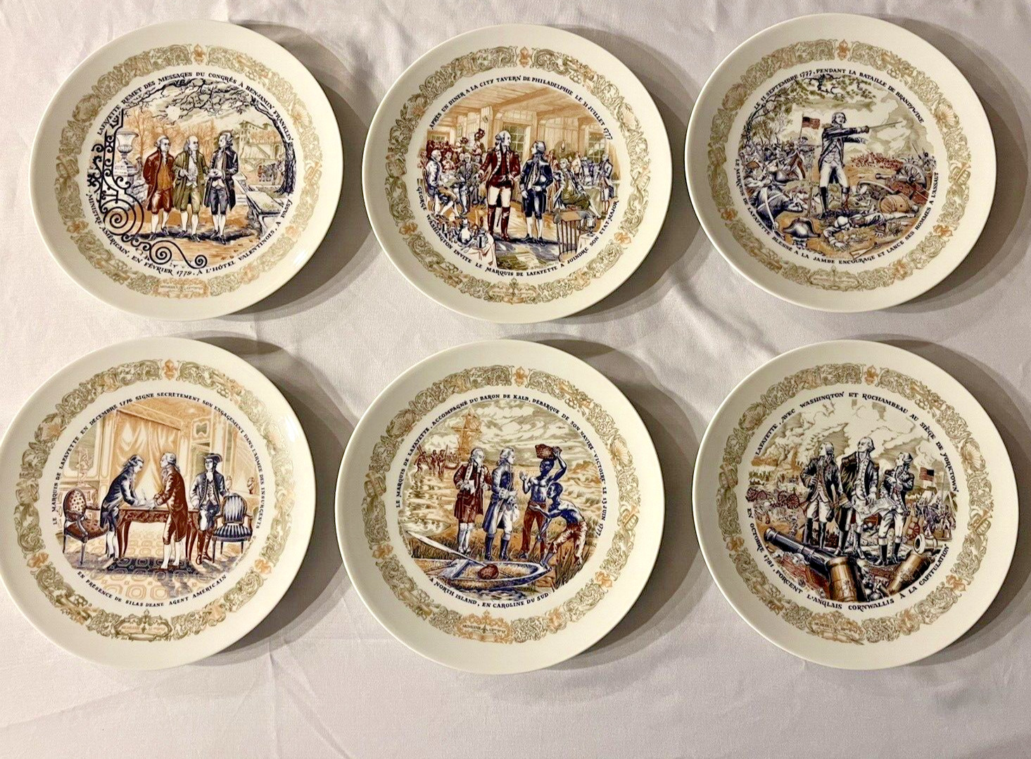 Set of 6 Lafayette Legacy Plates by D'Arceau Limoges Revolutionary War Scenes. 