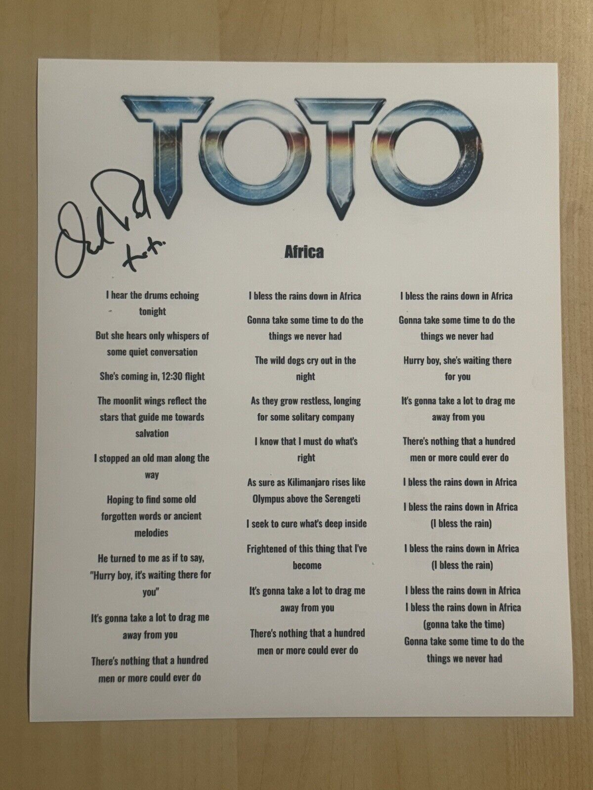 DAVID PAICH SIGNED AFRICA LYRIC SHEET AUTOGRAPHED TOTO BAND SINGER COA