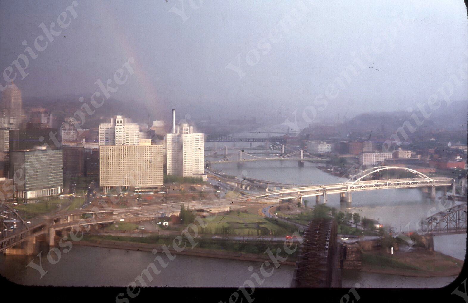 sl58 Original slide 1960\'s ?  Pittsburgh skyline view rainbow over bldg 647a