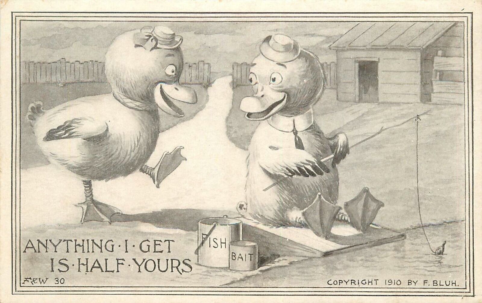 Postcard RPPC C-1910 Duck fishing romance Comic humor 23-4829