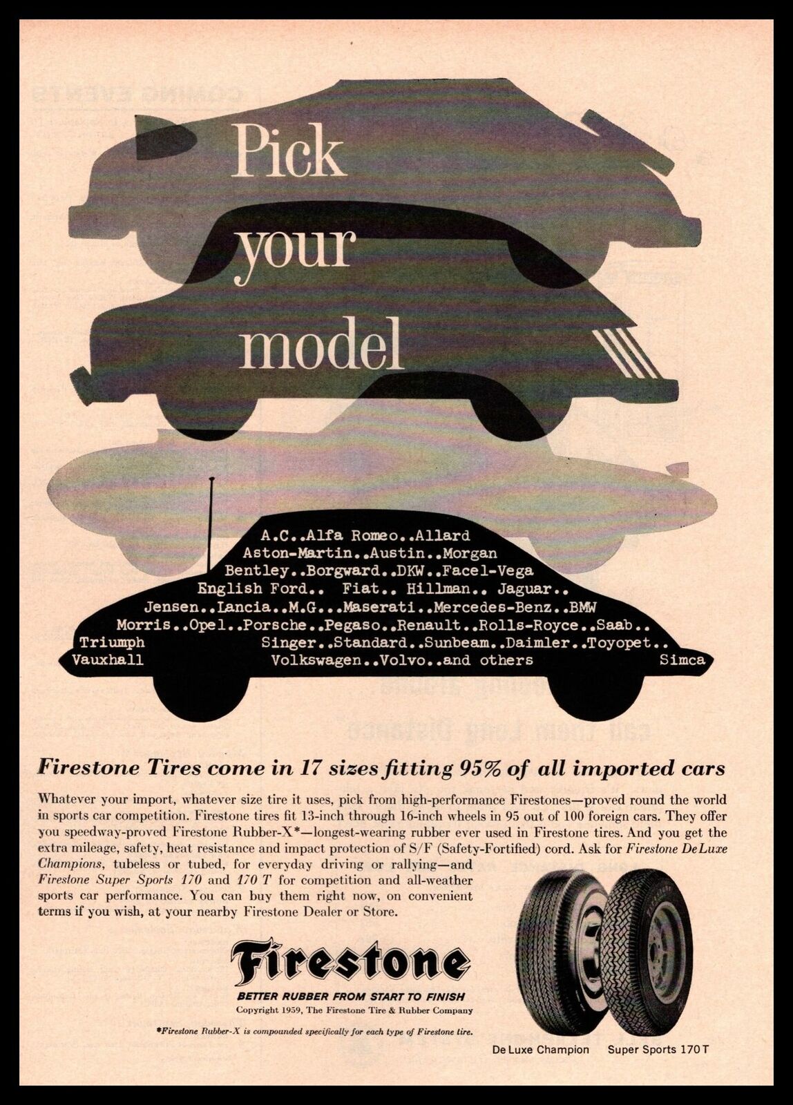 1959 Firestone Tires Rubber-X De Luxe Champion Super Sports 170 T Tire Print Ad