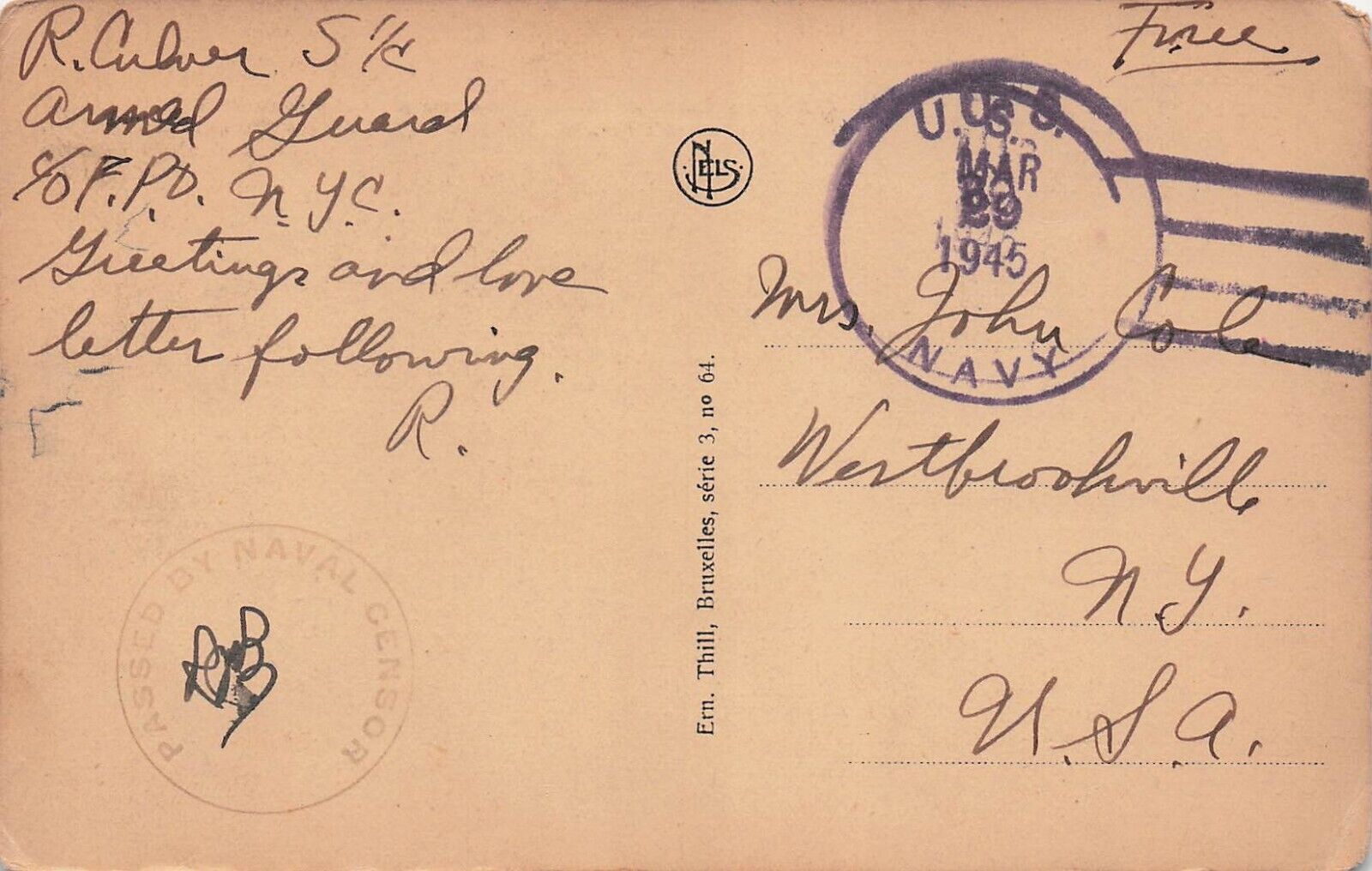 Military Navy Soldier Mail Richard Culver WWII Westbrookville NY Postcard E49