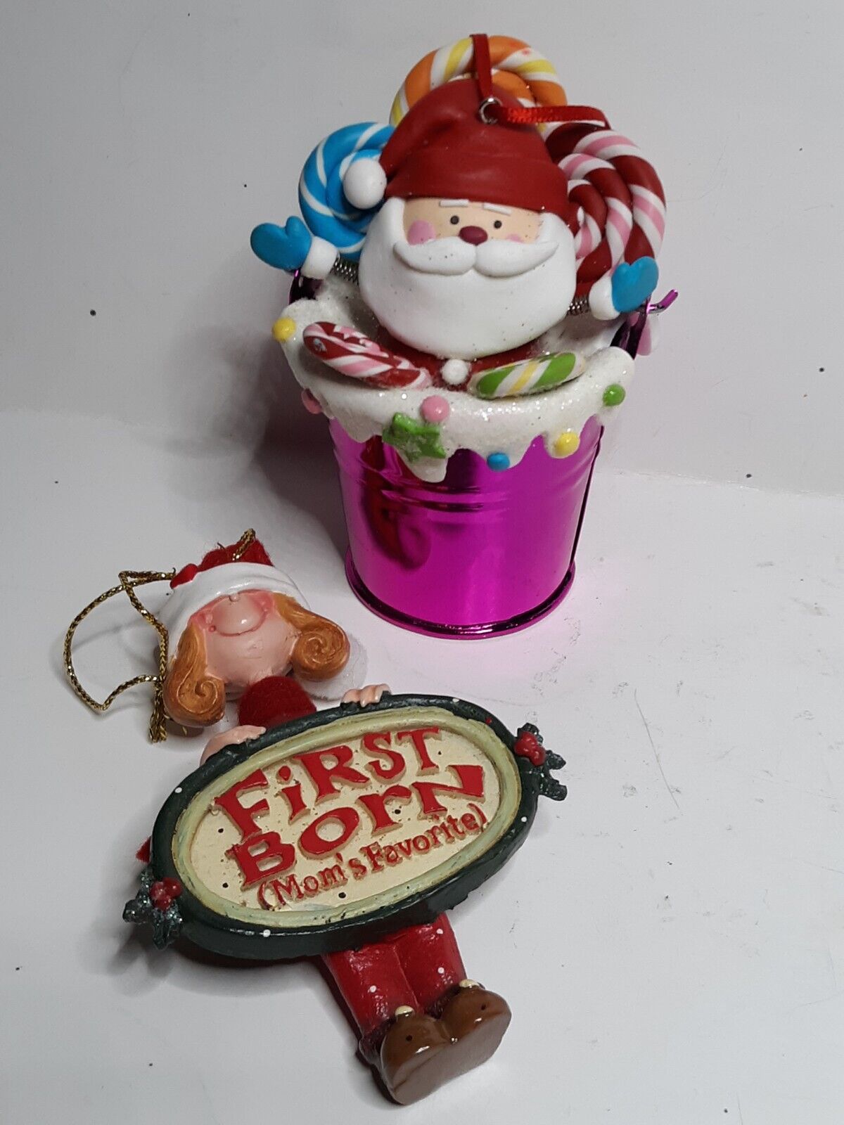 First Born and Santa In Candyland Christmas Ornaments