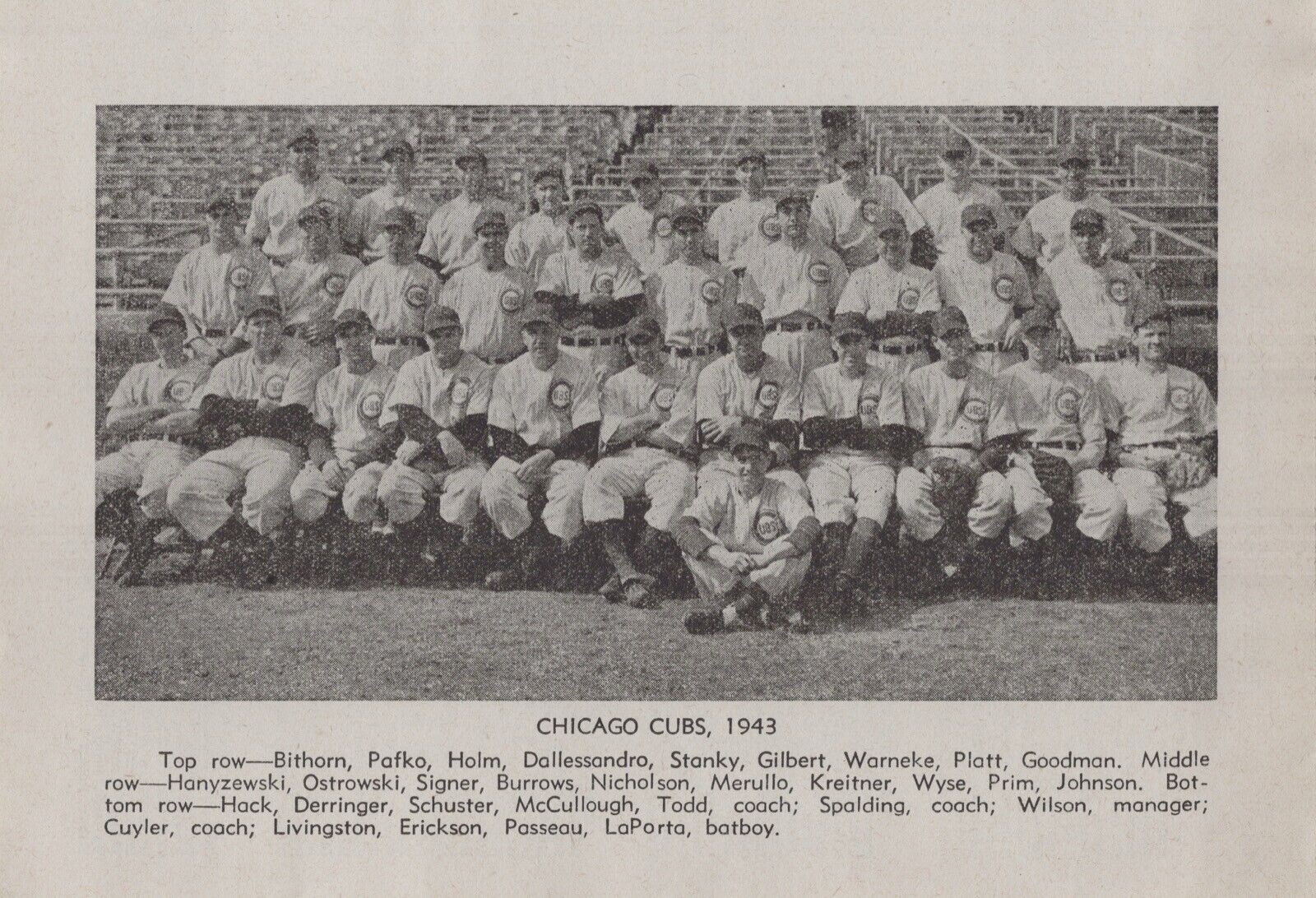 1943 Chicago Cubs Wrigley Team Photo 1940s Vintage Baseball Magazine 5x7\