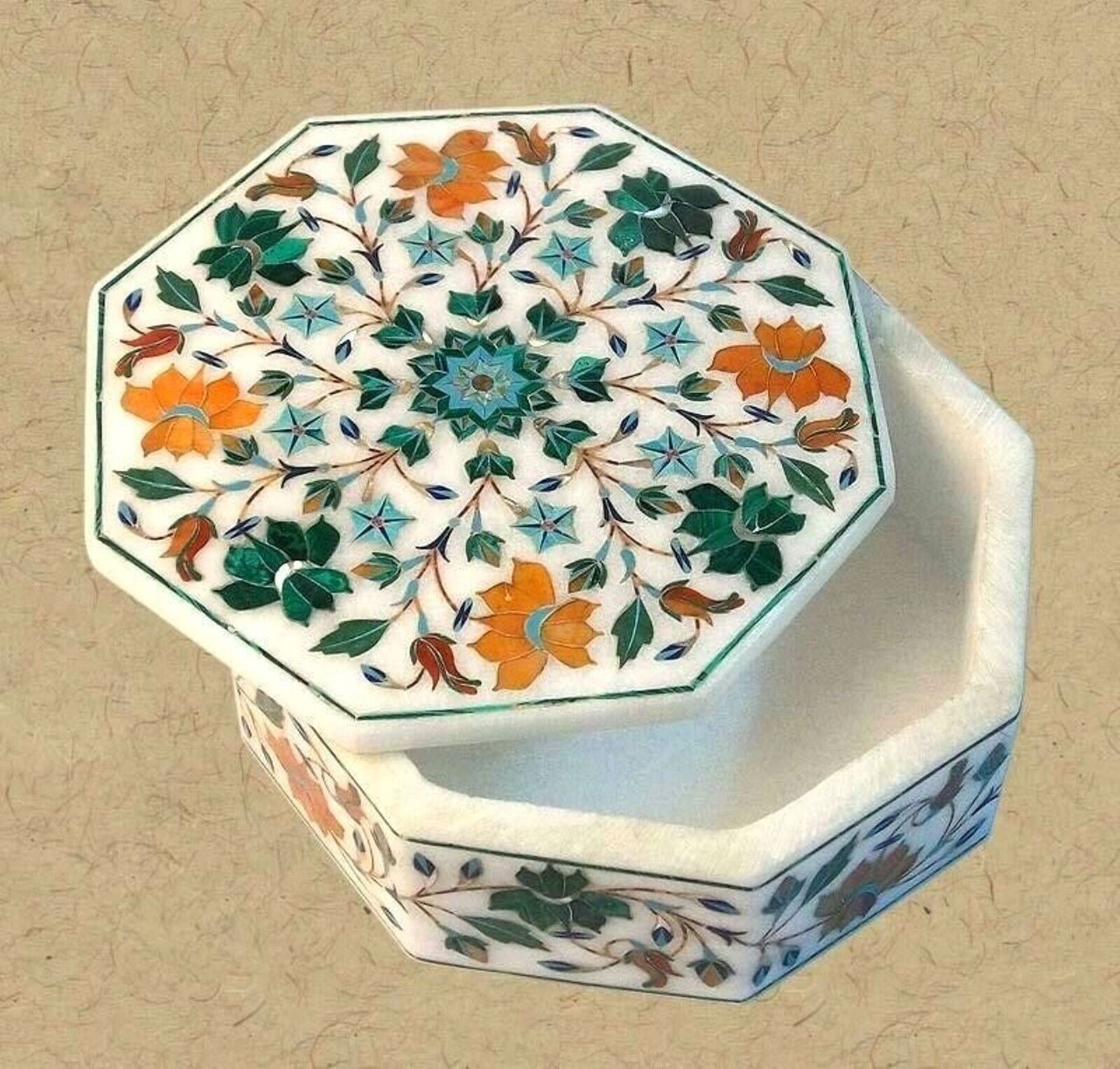 Octagon White Marble Decorative Box Multi Precious Stone Inlay Work Brooch Box