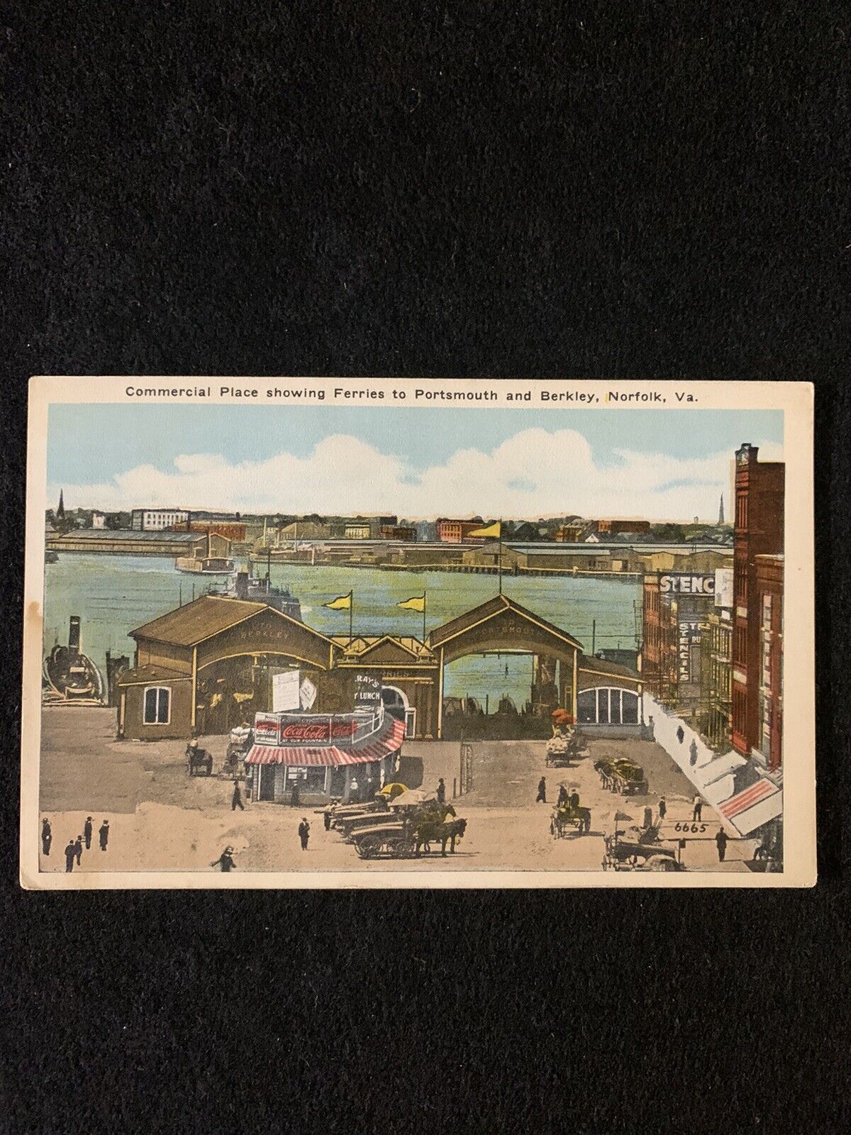 Norfolk VA Postcard Commercial Place Showing Portsmouth Ferry Horse Buggies