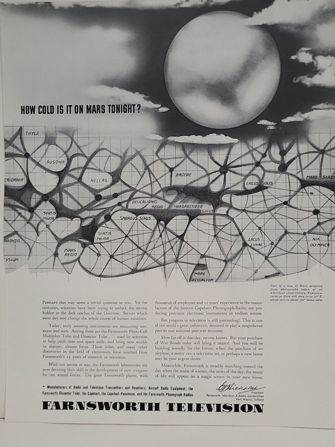 1942 Farnsworth Television Fortune WW2 Print Ad Q3 Mars Clouds Weather
