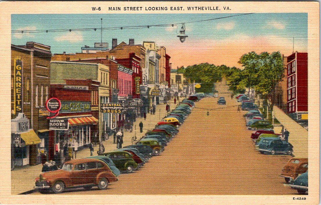 Main Street Looking East, WYTHEVILLE, Virginia Linen Postcard