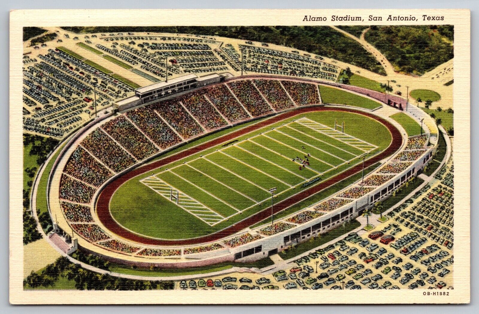 Postcard Linen Alamo Football Stadium San Antonio Texas Packed with Fans A31