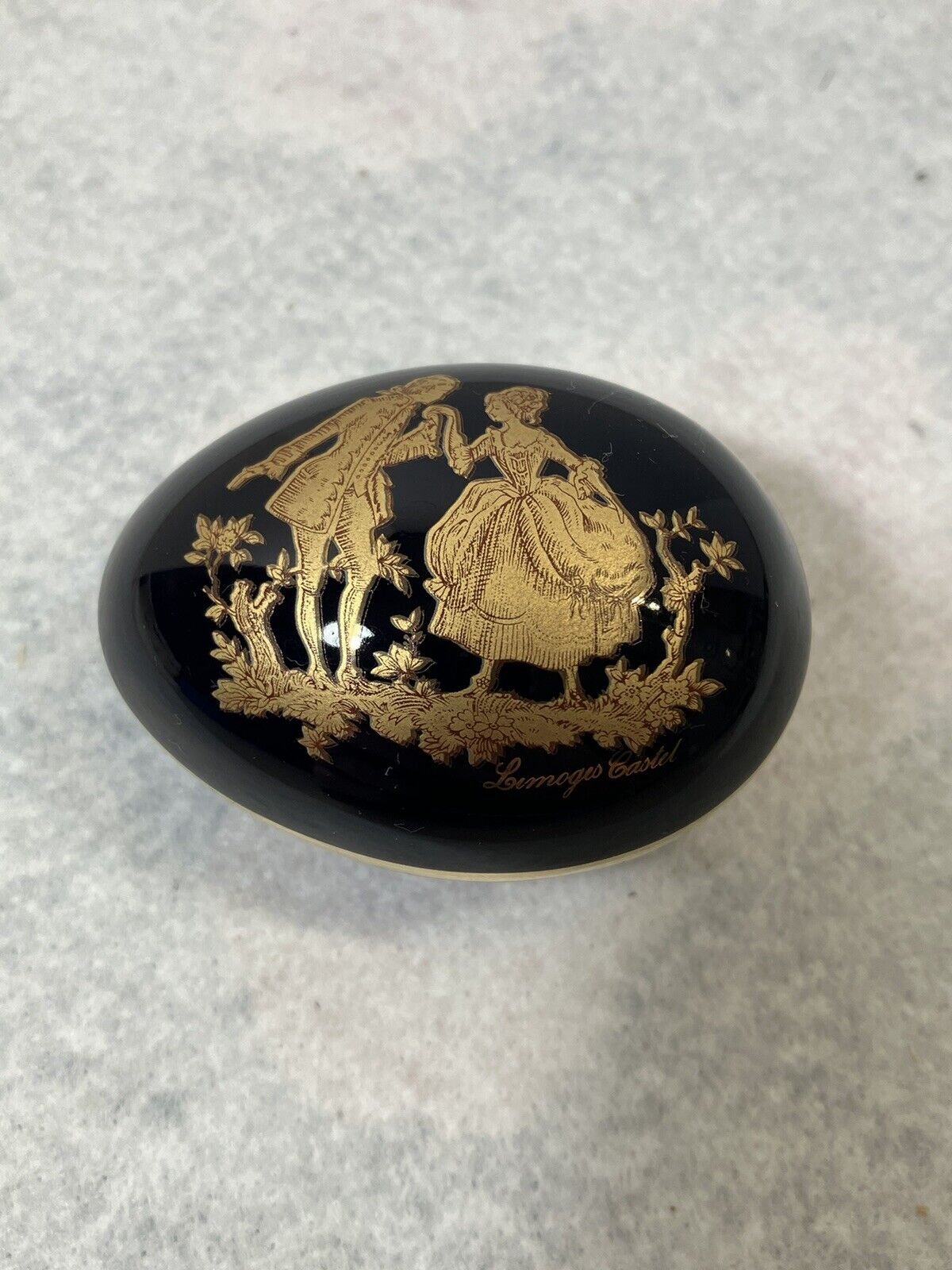 Limoges Castel Egg Shaped Trinket Box - Gold  & Blue Design - Porcelain