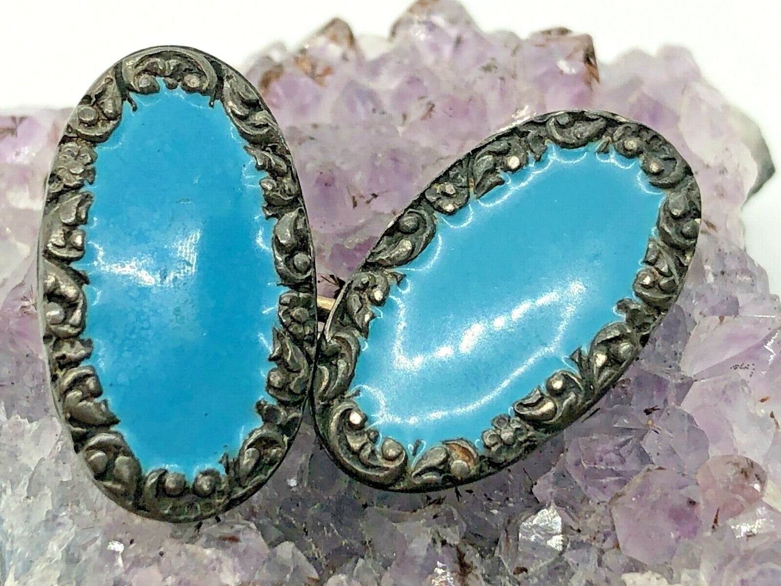 G B & H Vintage Sterling Silver Victorian Style Blue Enamel 2 Buttons 3.4 Grams