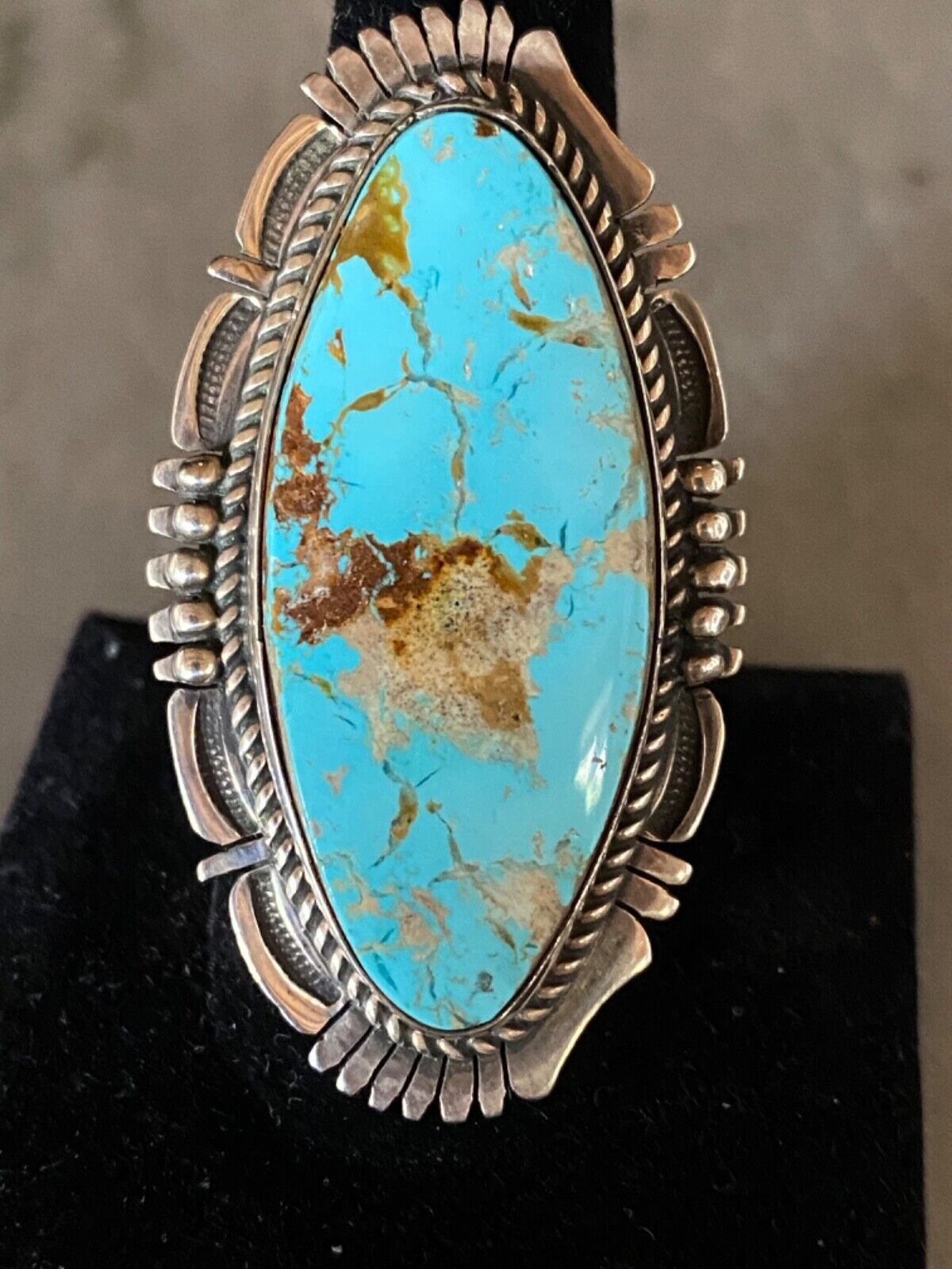 Large Navajo Native American Sterling Silver Turquoise Ring-Stunning Signed