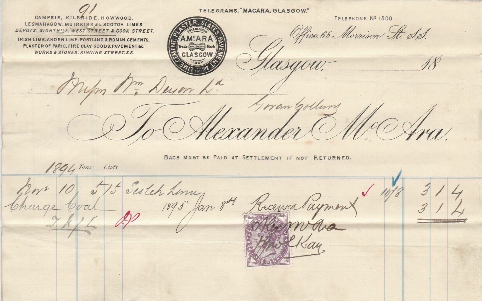 Alexander McAra Glasgow 1894 Scotch Lime Recd Payment Stamp Invoice Ref 40996