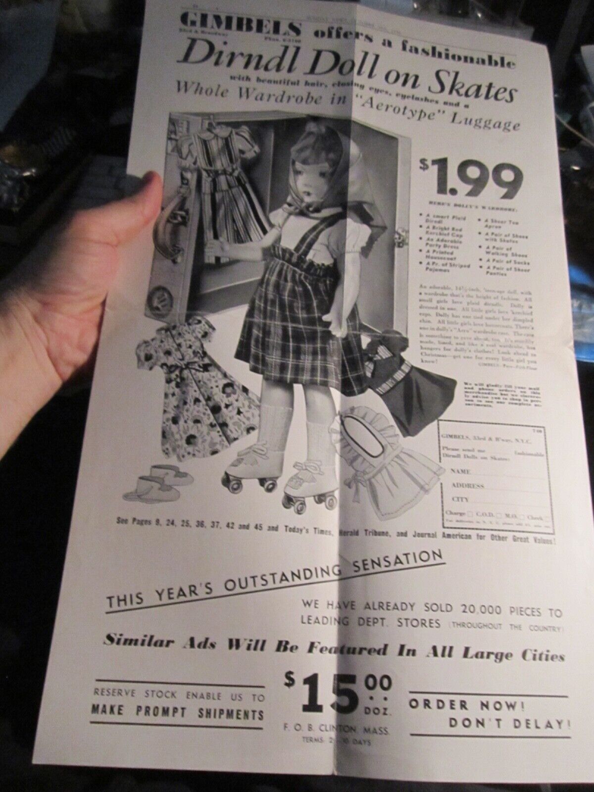 1938 GIMBEL\'S TOY STORE ADVERTISING DIRNDAL DOLL ON SKATES  BBA-52