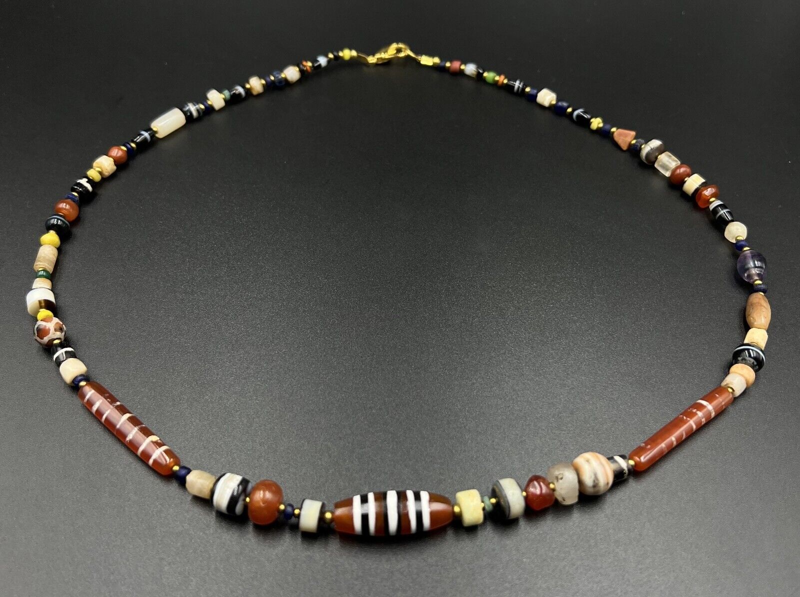 Antique Indo Tibetan Nepalese Solumani Banded Agate Chung Dzi Beads Necklace