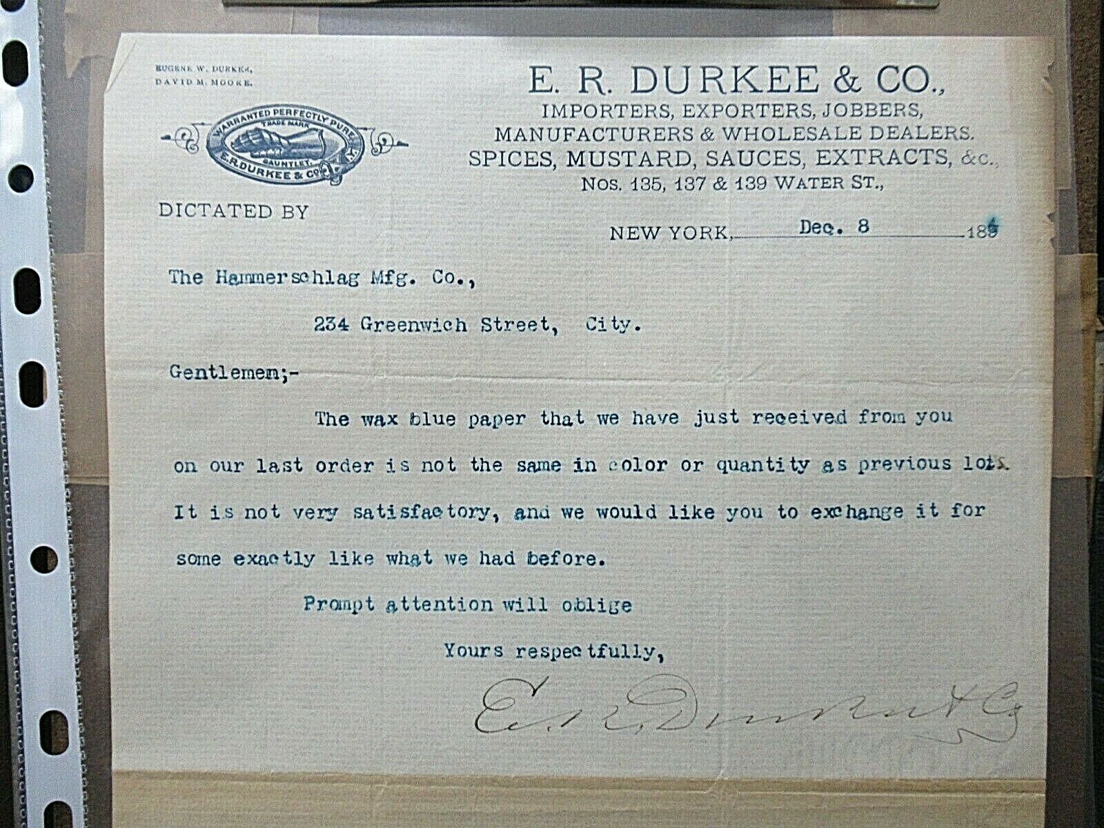 1894 Antique Document, Eugene Durkee Co. NY, Spices, Mustard, Signed, Autograph