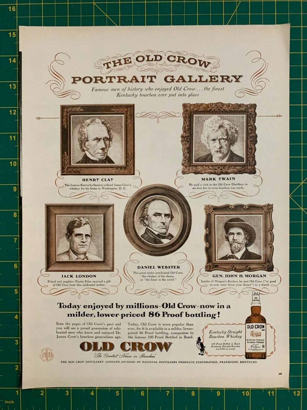 1956 Vintage Old Crow Kentucky Straight Bourbon Whiskey Portraits Print Ad H1