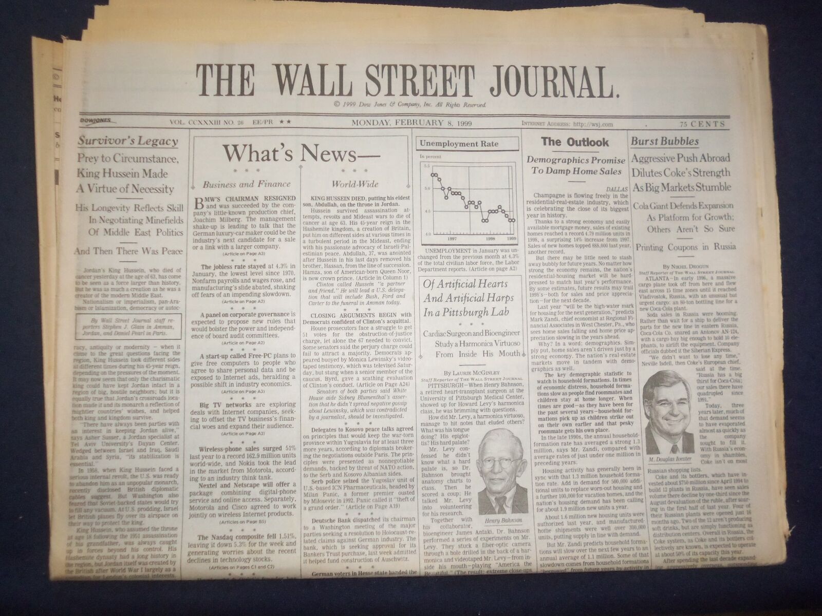 1999 FEB 8 THE WALL STREET JOURNAL - KING HUSSEIN MADE VITURE NECESSITY - WJ 308