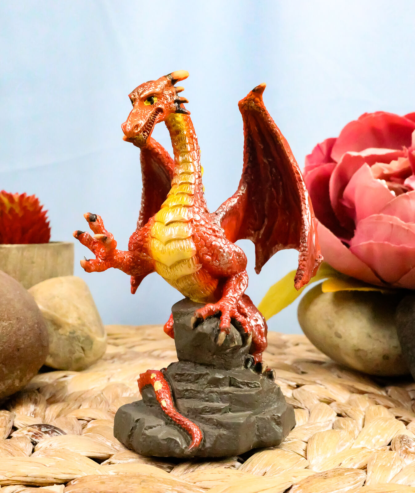 Whimsical Red Lava Dragon Climbing On Volcanic Rock Statue 4.25\