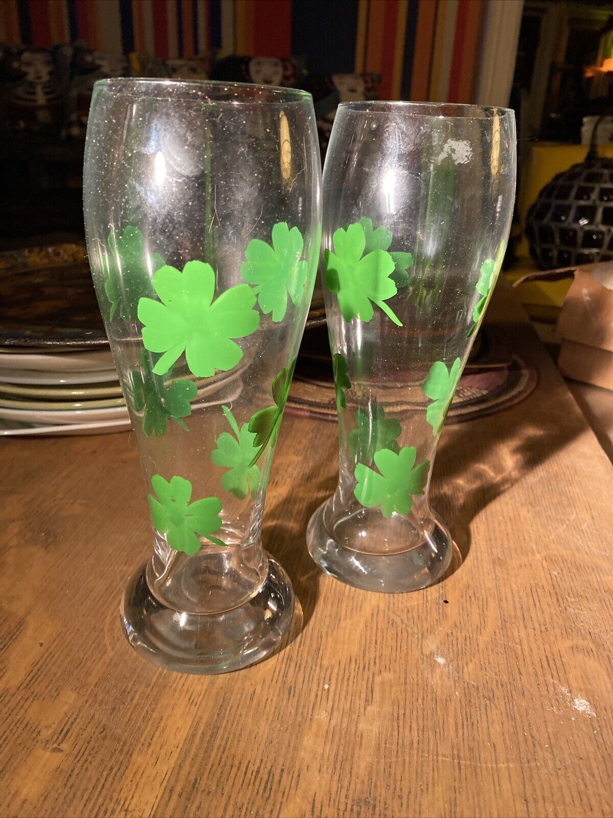 Pair Tall 9” Heavy Beer Glasses Hand Painted Shamrock Irish At Patrick’s Day