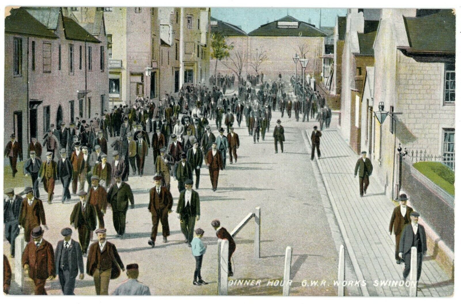 Crowd Of Men Going Out For Dinner Hour GWR Works Swindon Wiltshire UK Postcard