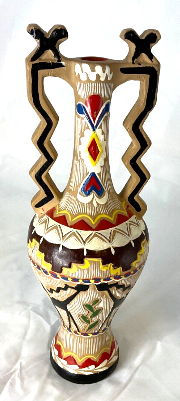 Lorenzo Loi 1960\'s 12 inch Vase Hand Painted Sgraffito art pottery signed