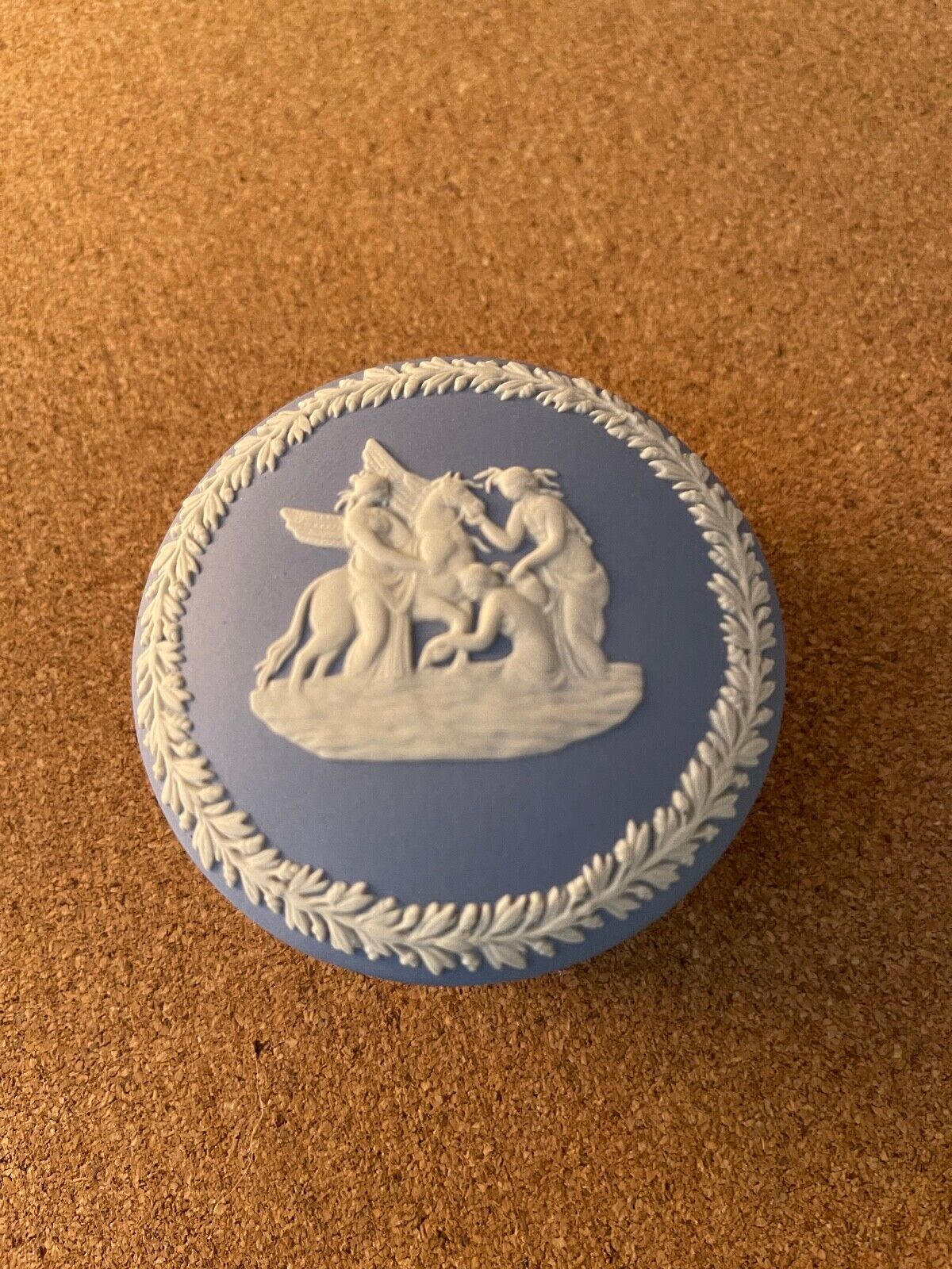 Wedgwood Japerware blue, 2 3/4 inch lidded box, Pegasus , round