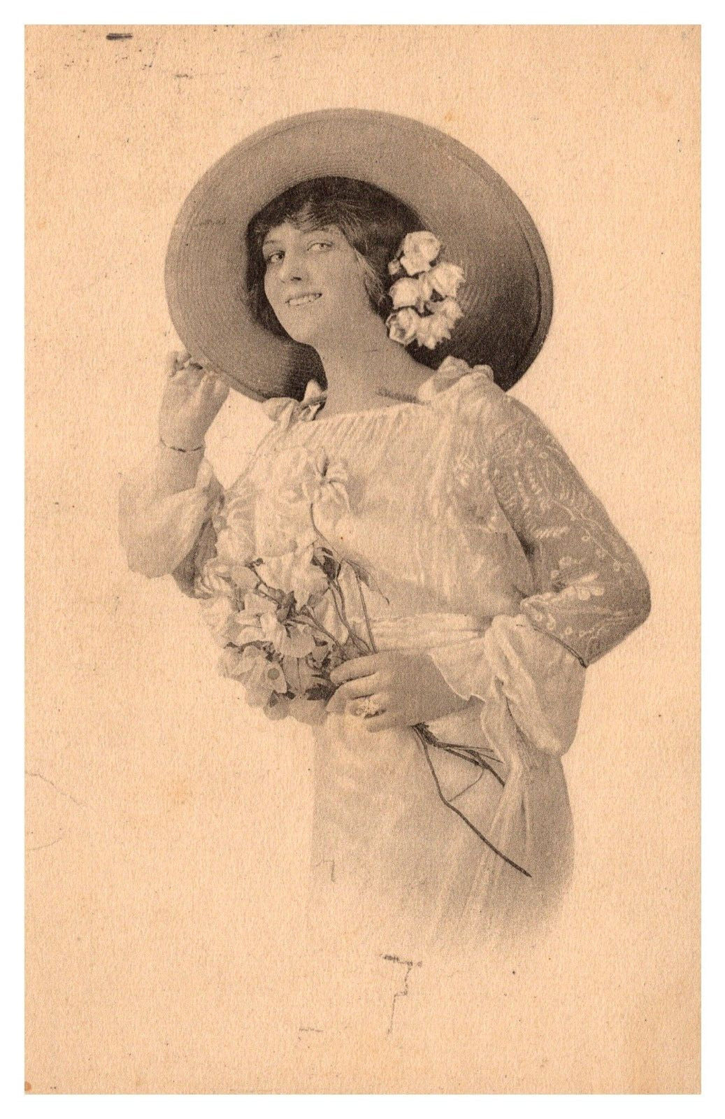 postcard Beautiful Lady in Hat-with Flowers in her hair & bouquet in hand 8760