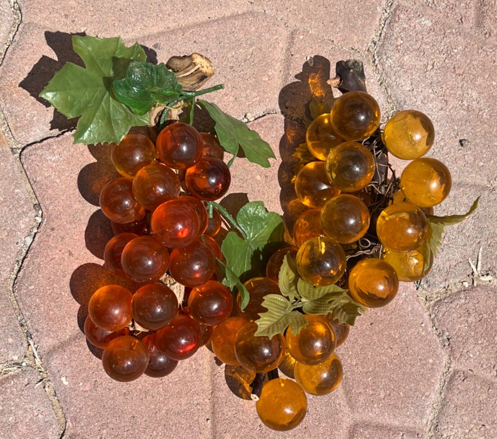 2 Yellow orange-amber  Lucite acrylic grapes cluster MCM Retro 60\'s on wood vntg