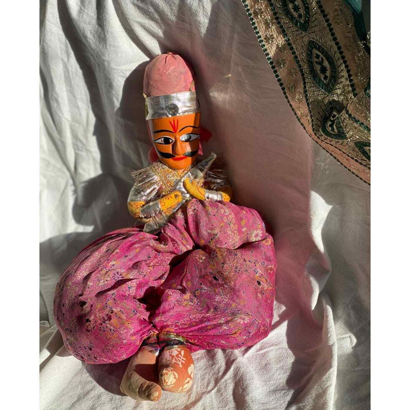Vintage Handmade Indian Doll, Rajasthani puppet kathputli cultural art pink