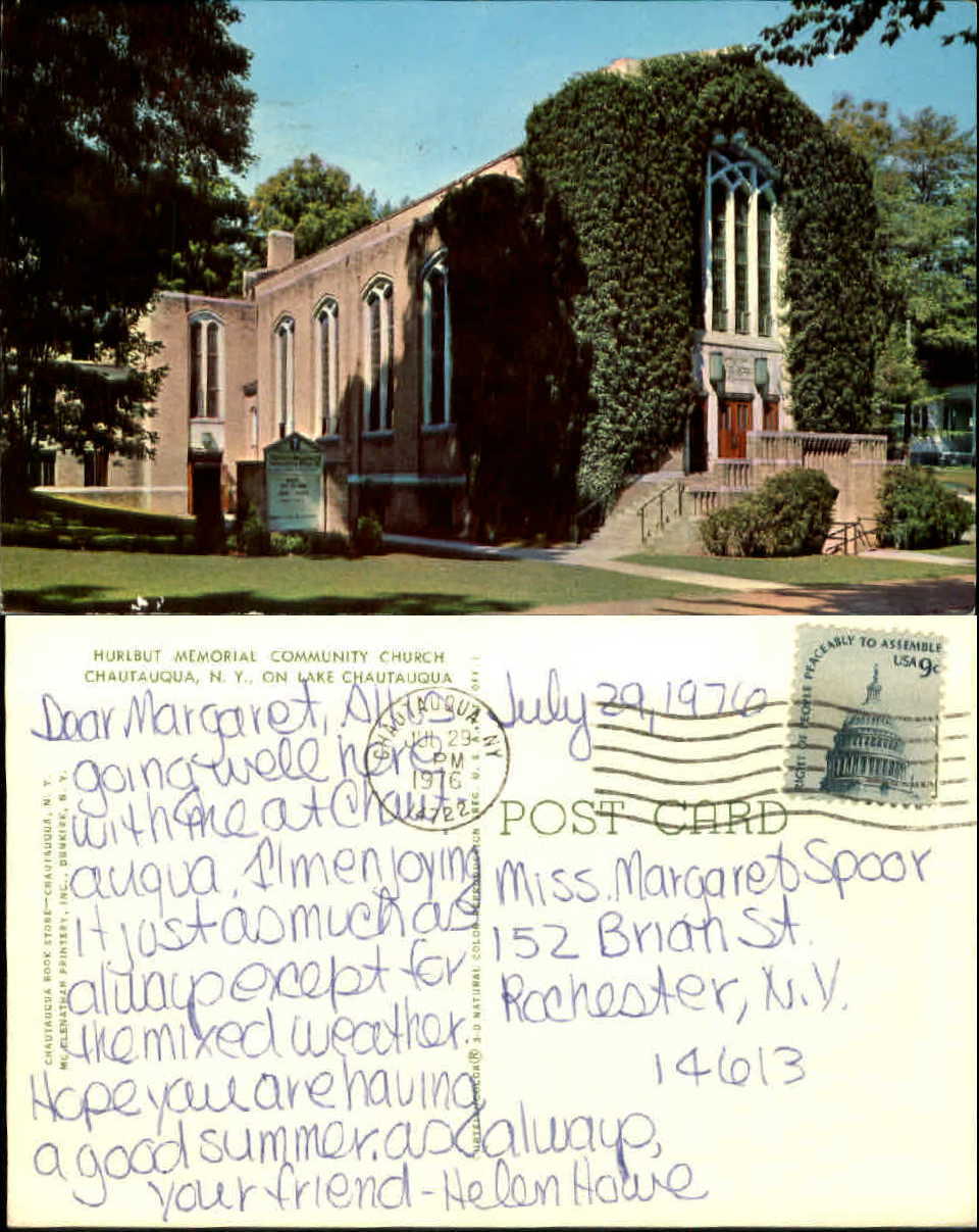 Hurlbut Memorial Community Church Chautauqua NY mailed 1976 old postcard