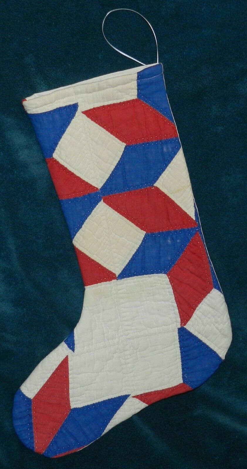 PRIM ANTIQUE VINTAGE CUTTER QUILT CHRISTMAS STOCKING RED WHITE & BLUE 21-91