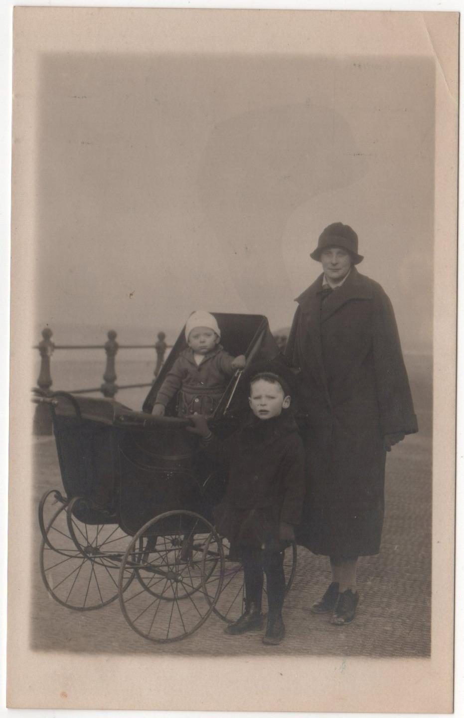 1927 RPPC Dutch family with baby pram, carriage, coach - Real Photo Postcard