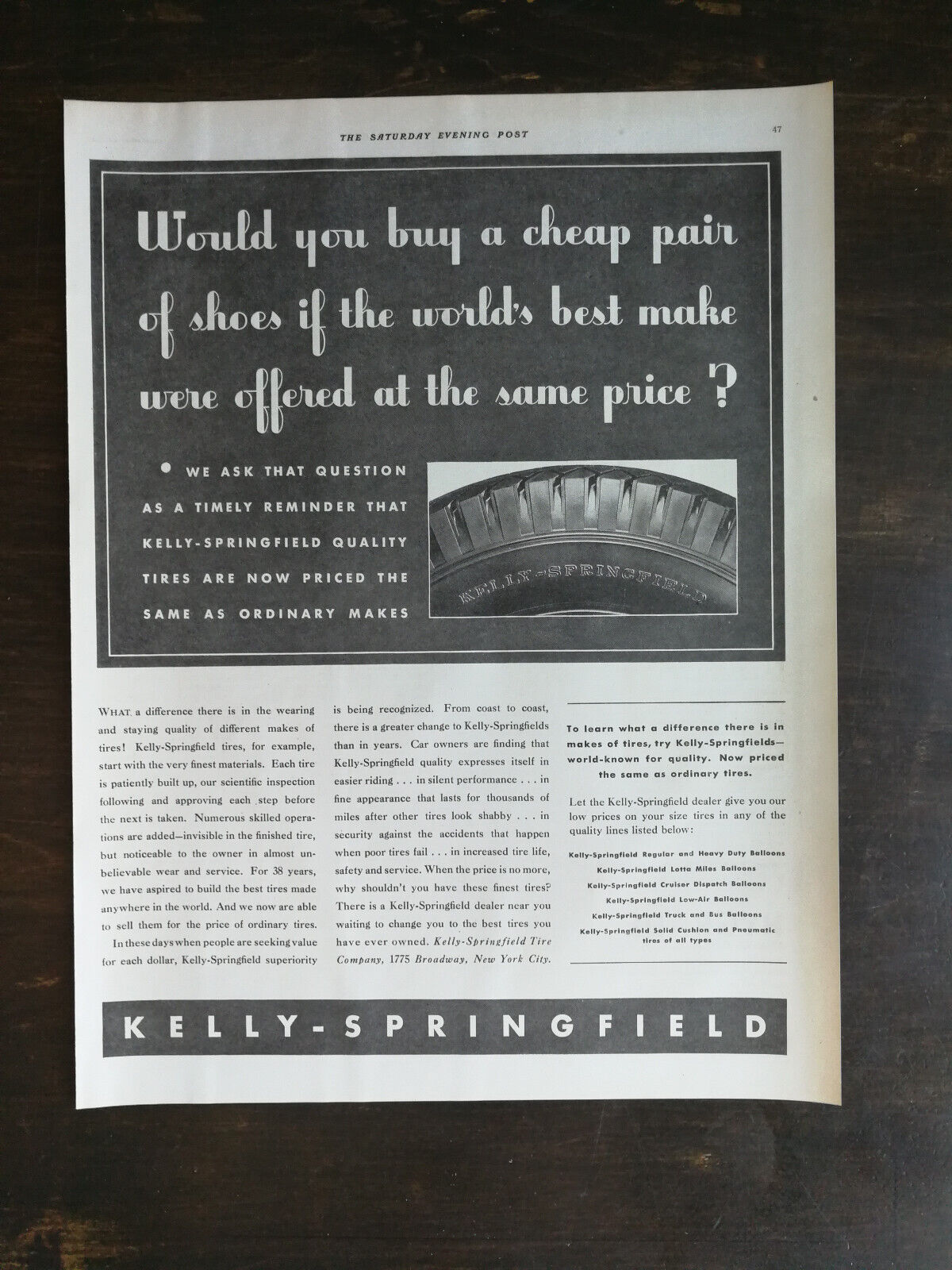 Vintage 1932 Kelly Springfield Tires Full Page Original Ad 424