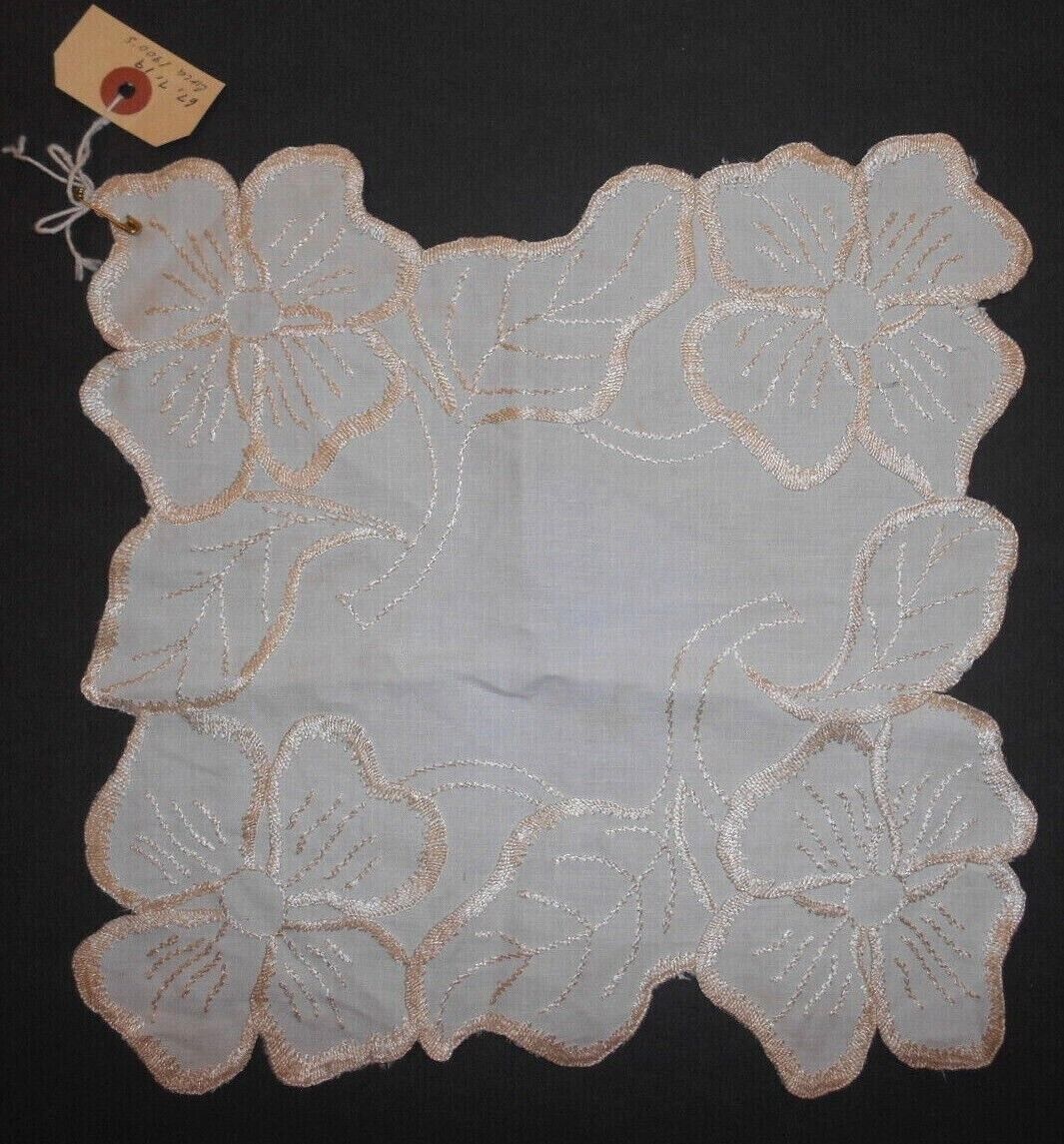 Antique Linen & Silk Hand Embroidered Floral Doily 10 x 10\