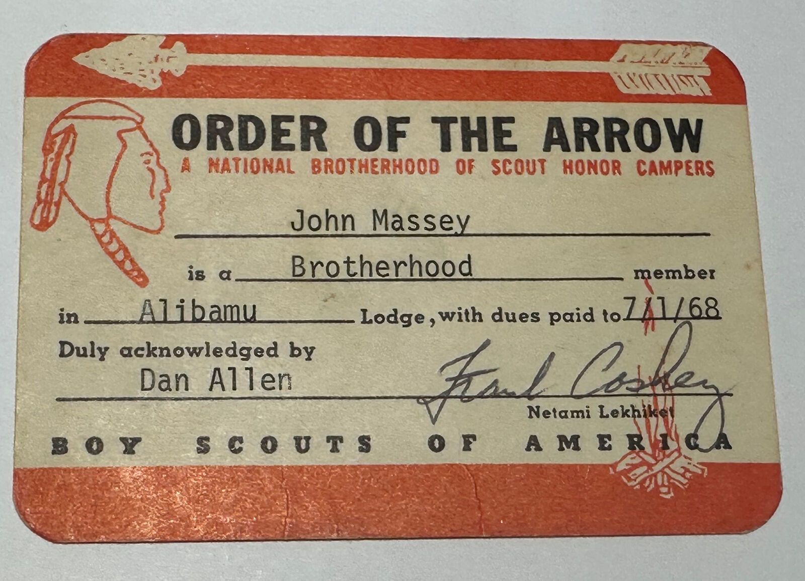 Boy Scout OA Membership Card Lodge 179 Alibamu 1968  Alabama   RC6