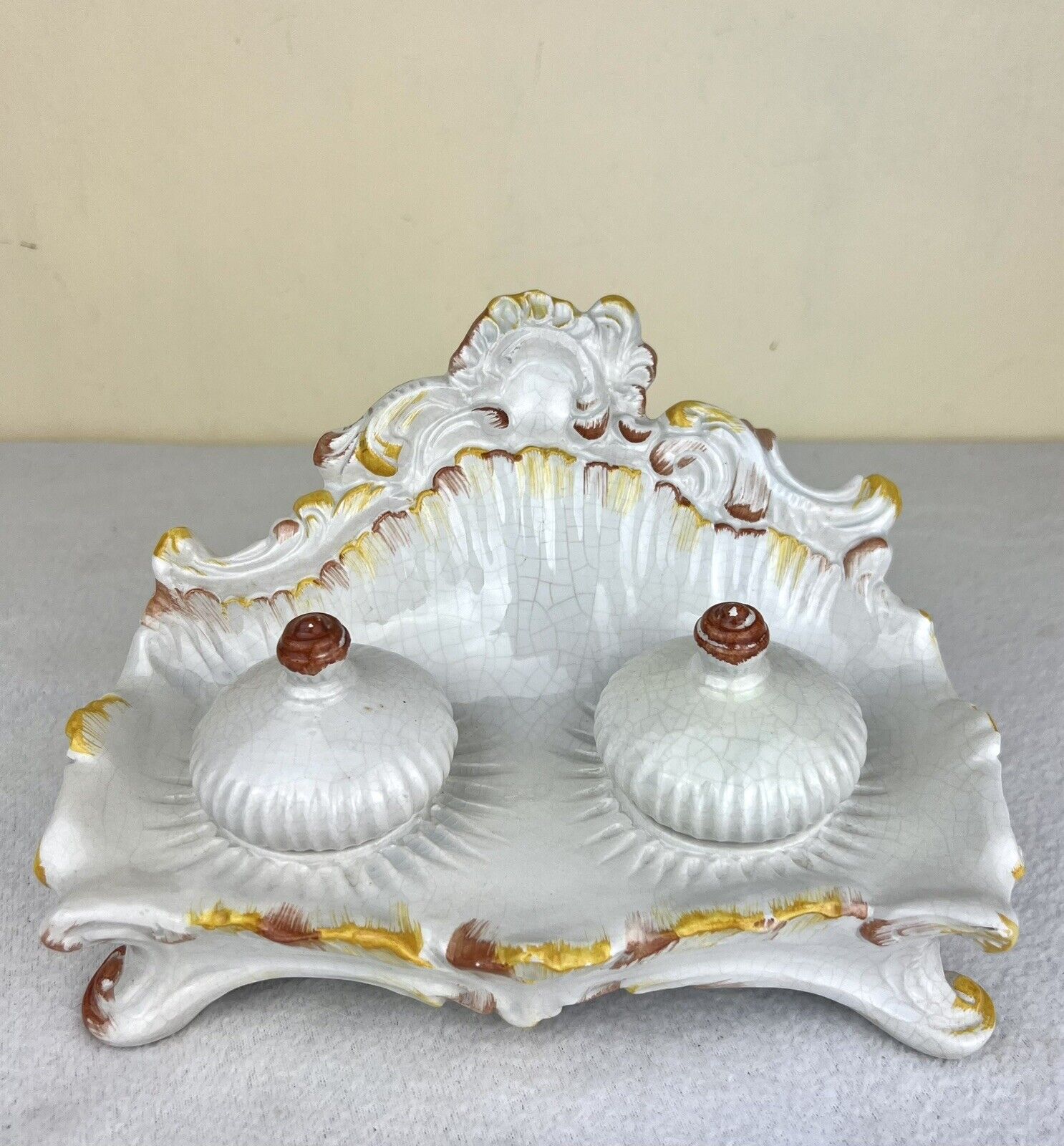 Antique Victorian White Double Inkwell Signed Hand Painted Made In Italy 8\