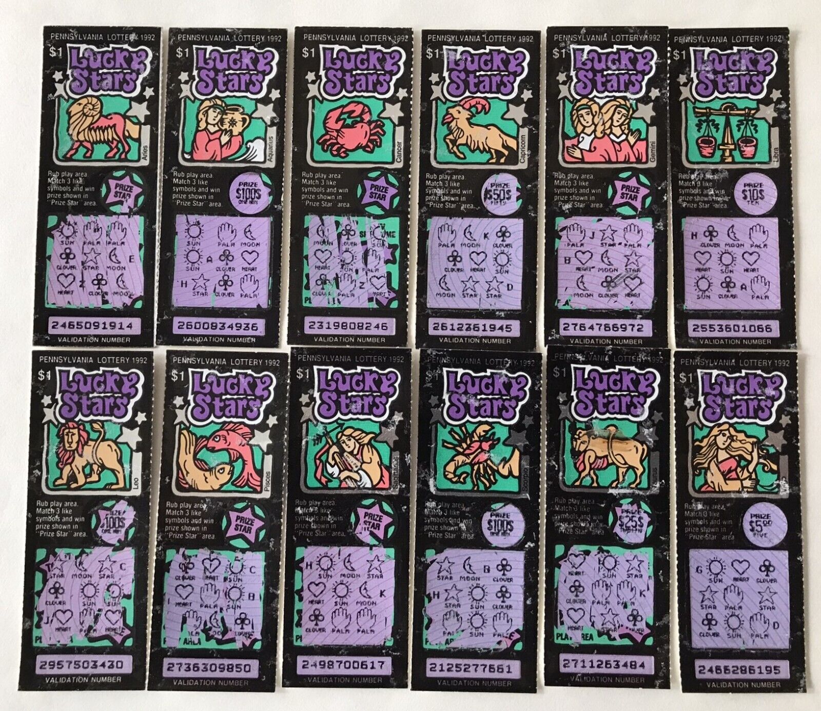Pennsylvania , 1992 Zodiac Set Instant Lottery Tickets, diff no cash value