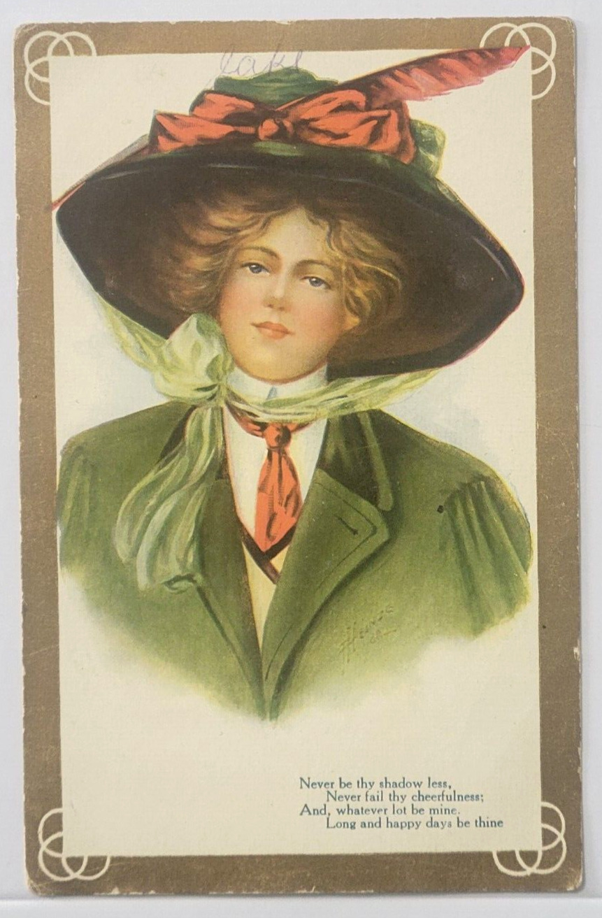 Postcard Lady Wearing Edwardian Hat 1910 Long And Happy Days Be Thine Antique