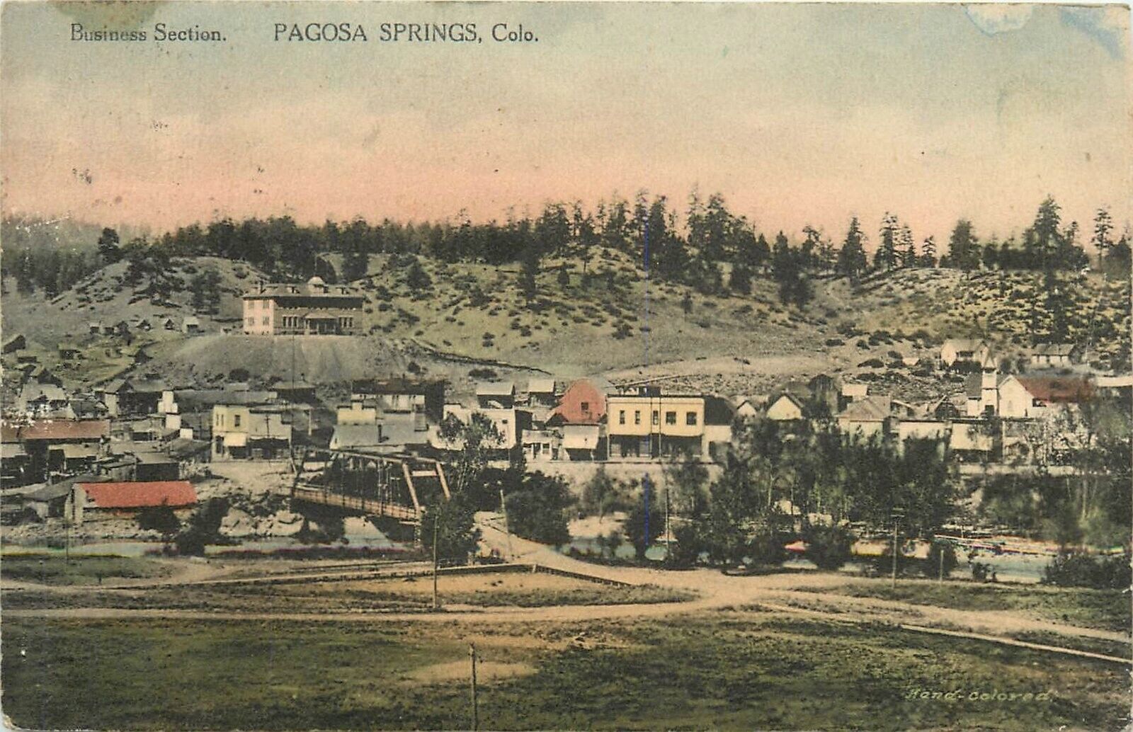 Postcard 1915 Colorado Pagosa Springs Business Section hand colored CO24-4748