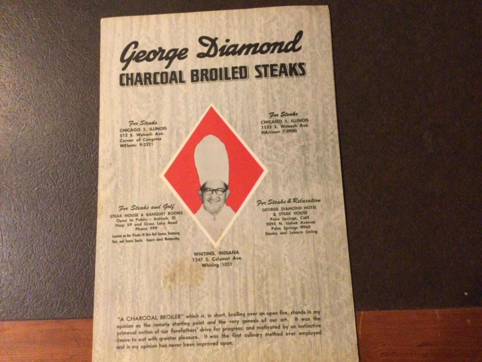 1950’S GEORGE DIAMOND CHARCOAL BROILED STEAKS, CHICAGO  RESTAURANT MENU