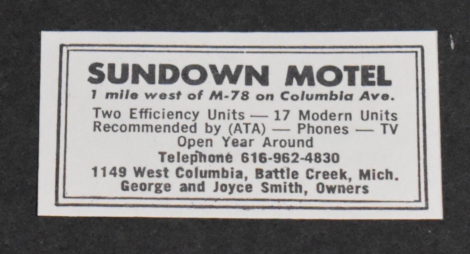 1966 Print Ad Michigan Battle Creek Sundown Motel George Joyce Smith M-78 Art