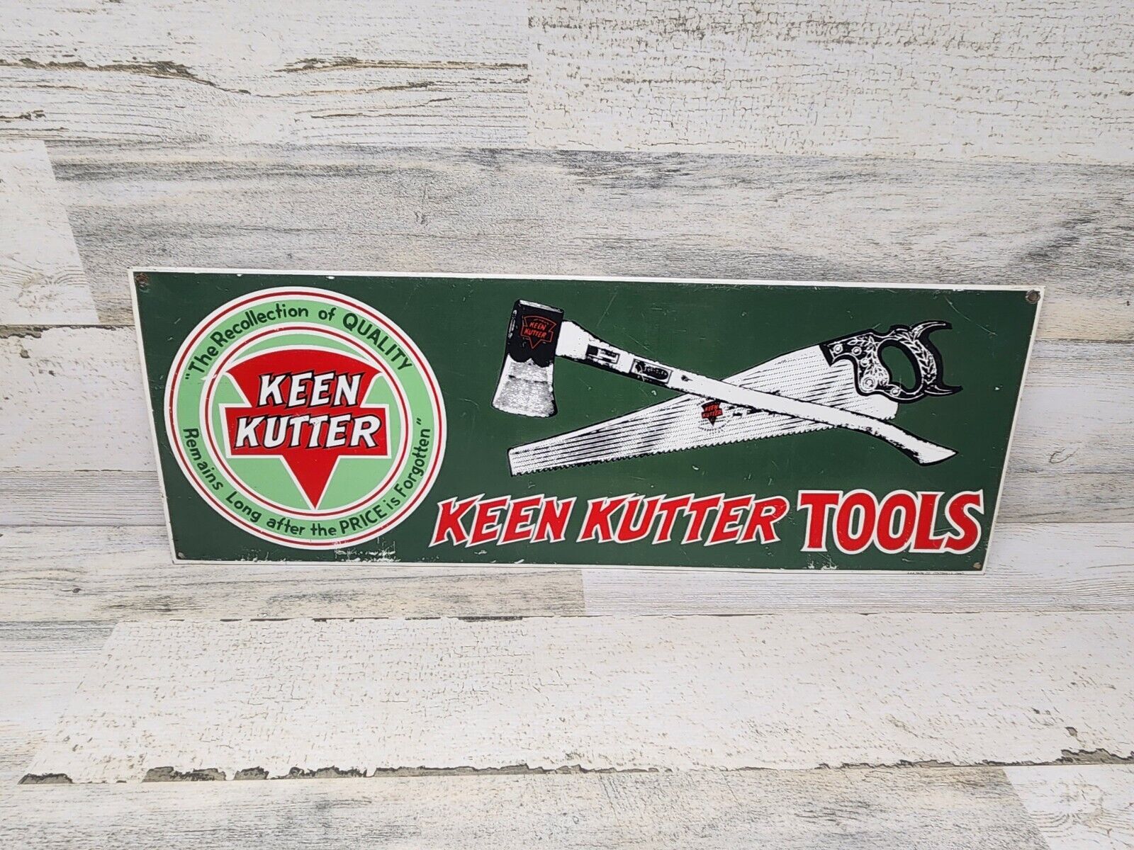 Vintage Keen Kutter Tools Metal Embossed Sign With Axe And Hand Saw TIN OVER CAR