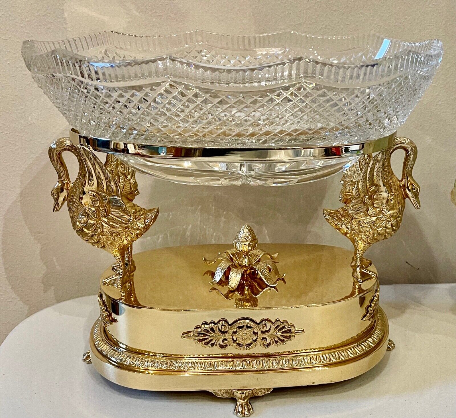 massive French Gilt Bronze & Cut Crystal Centerpiece Bowl Early 20th century
