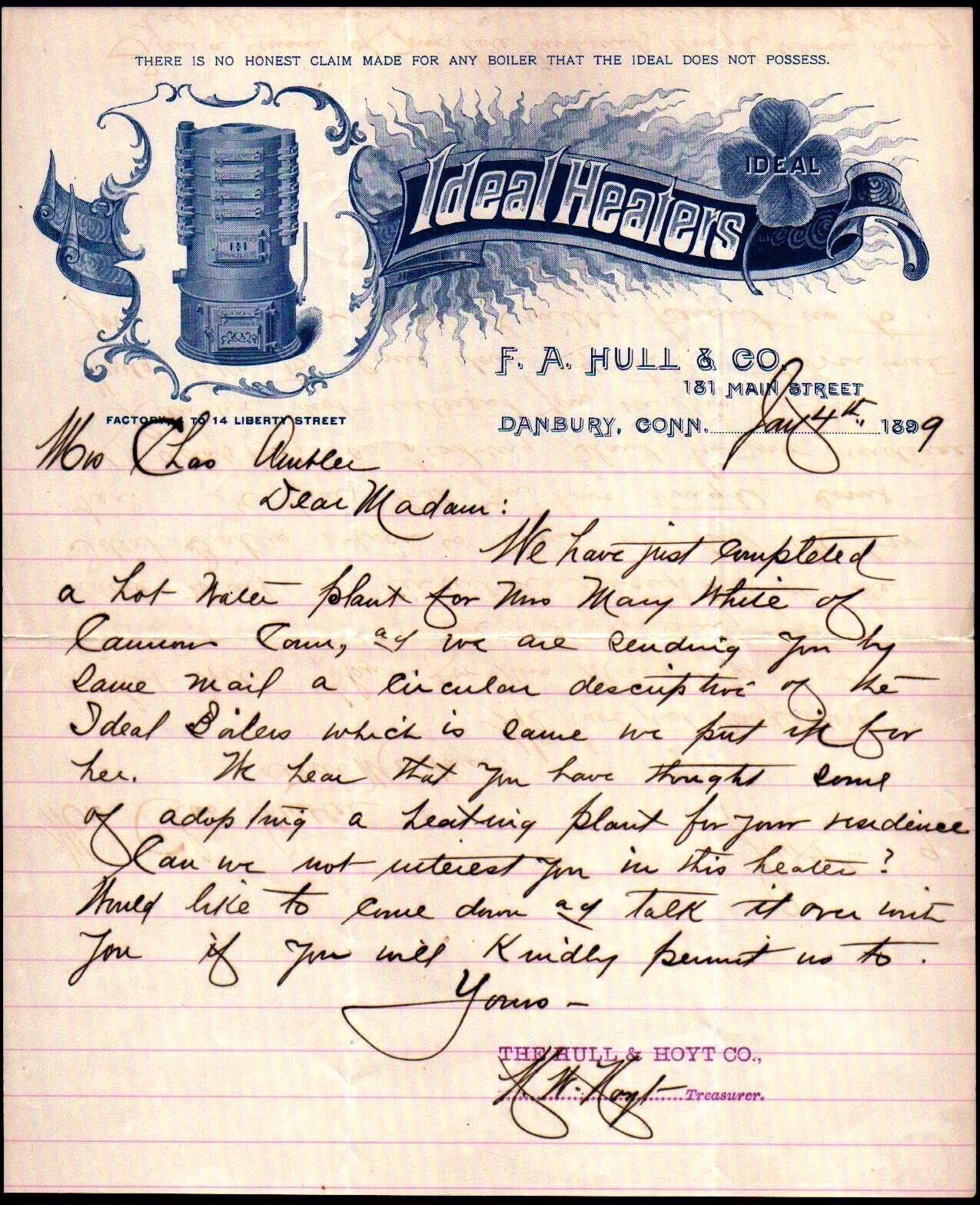 1899 Danbury Ct - F A Hull & Co - Ideal Heaters - History Rare Letter Head Bill