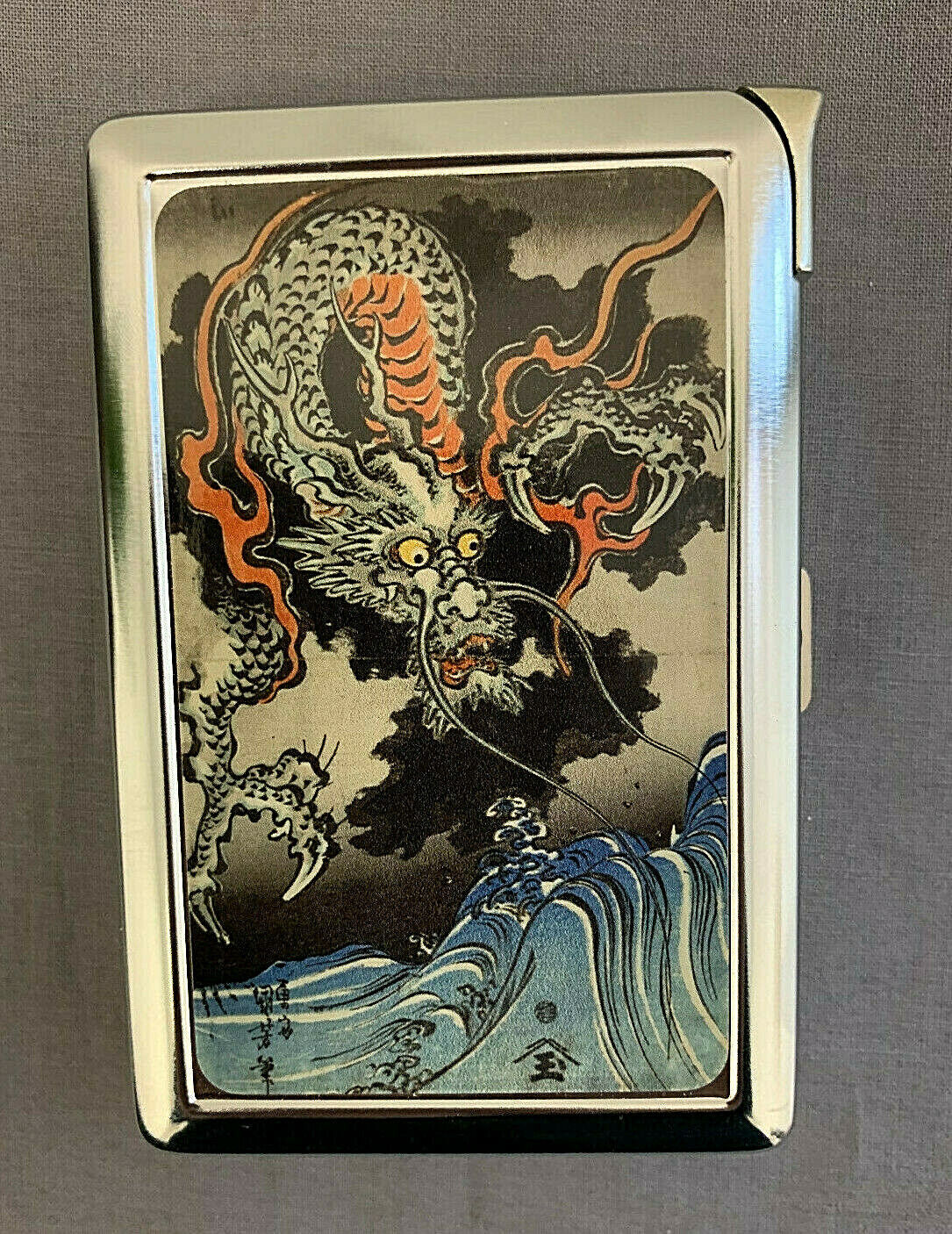 Japanesse Dragon Art Cigarette Case with Built in Lighter Metal Wallet SP
