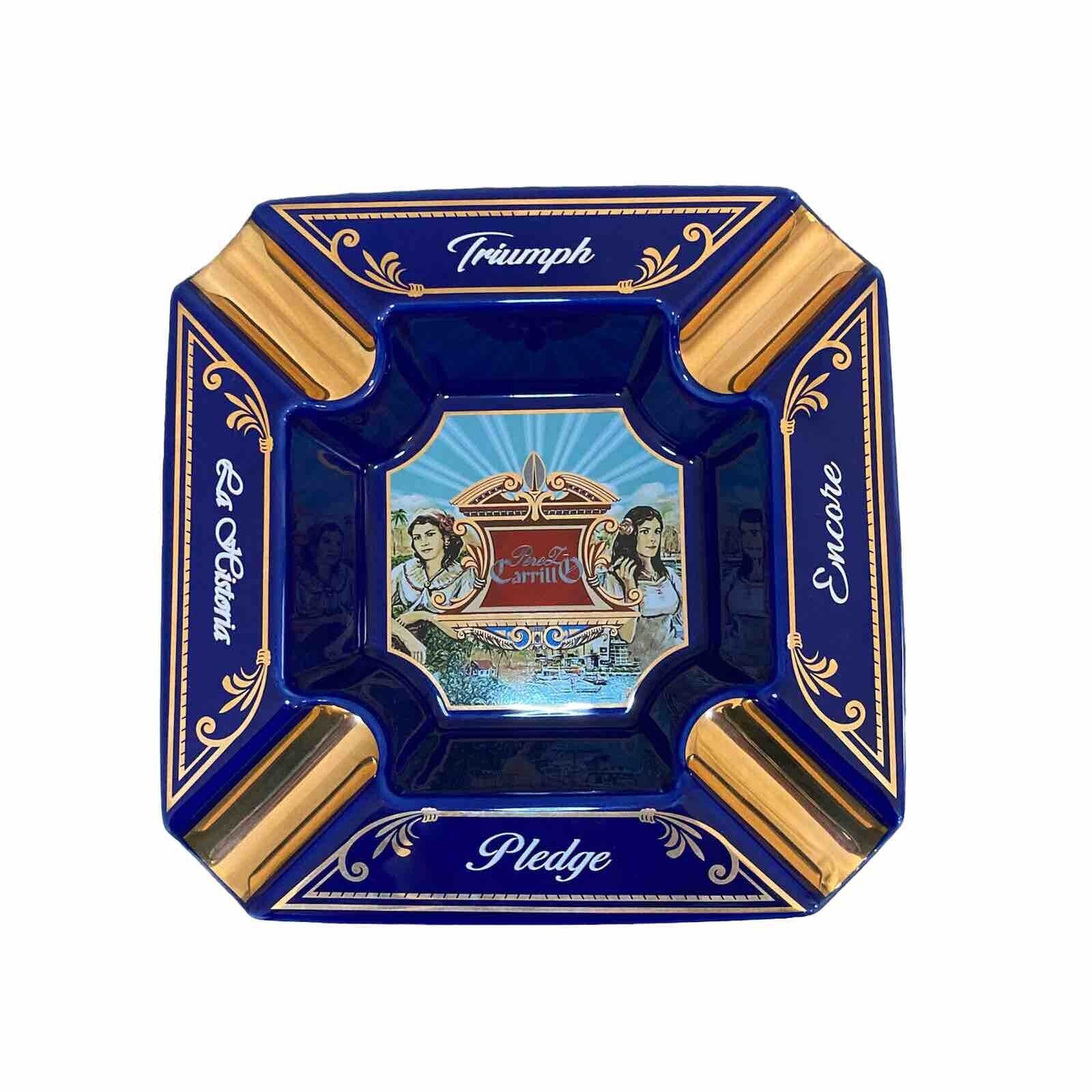 EP Carillo Pledge Triumph Cigar Ashtray Deep Blue Gold Embossed 4 Divets Ceramic