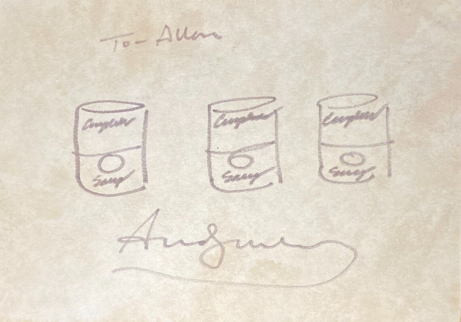 UNIQUE ANDY WARHOL ILLUSTRATION, SIGNED - RARE THREE SOUP CANS AT ONCE