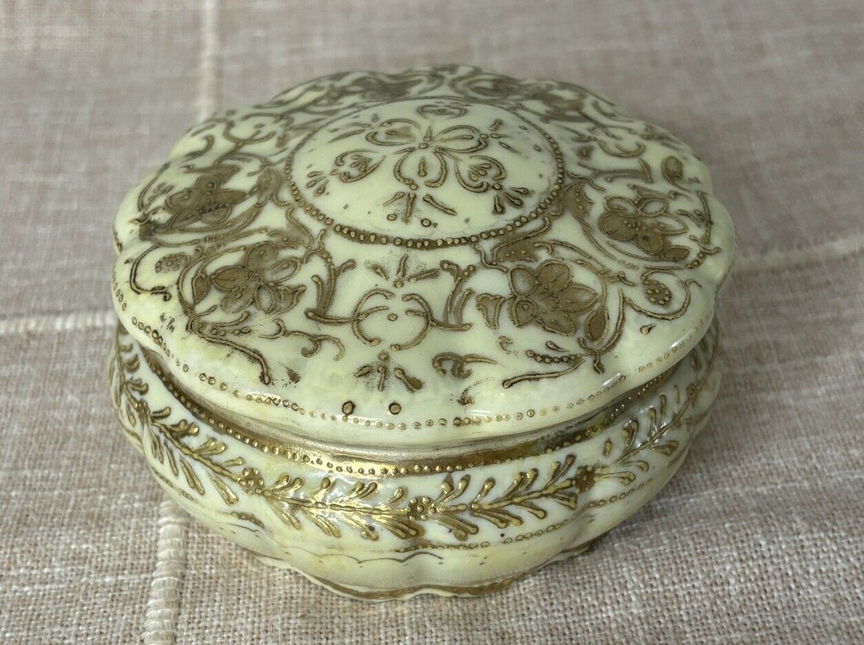 Antique Nippon Hand-painted Raised Gold Moriage Round Trinket Dish W/ Lid