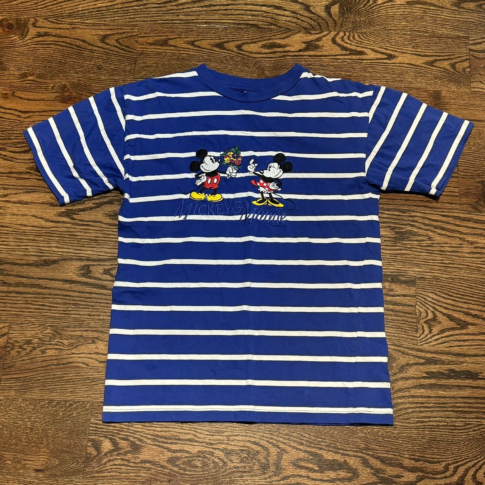 Disney Store Vintage Mickey & Minnie Mouse Striped Blue Shirt, Size Medium